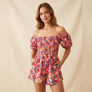 Roxy- Floral Off-Shoulder Smocked Romper in Pink Multi